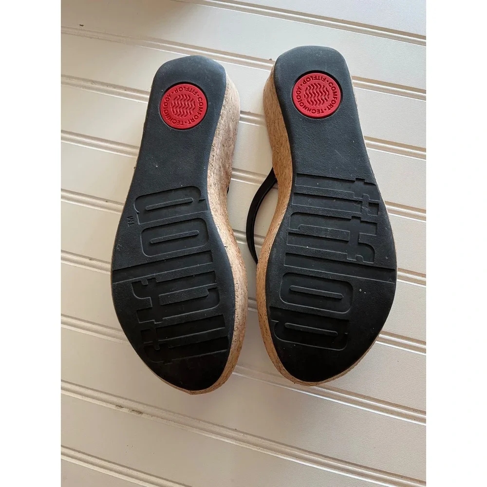 FitFlop Linny Toe-Thong Black Leather Cork Wedge Sandals K46-001-060 Womens 8